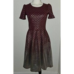 LulaRoe Elegant Amelia Burgundy Silver Foil Fit Flare Dress Pockets Size Small